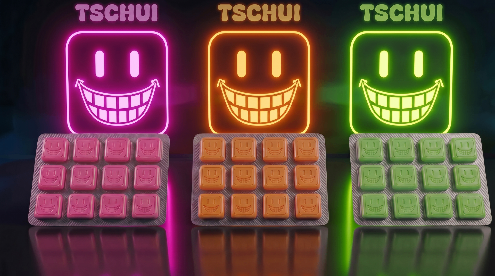 TSCHUI Trio Blister – Pink, Orange, Green Neon Smileys